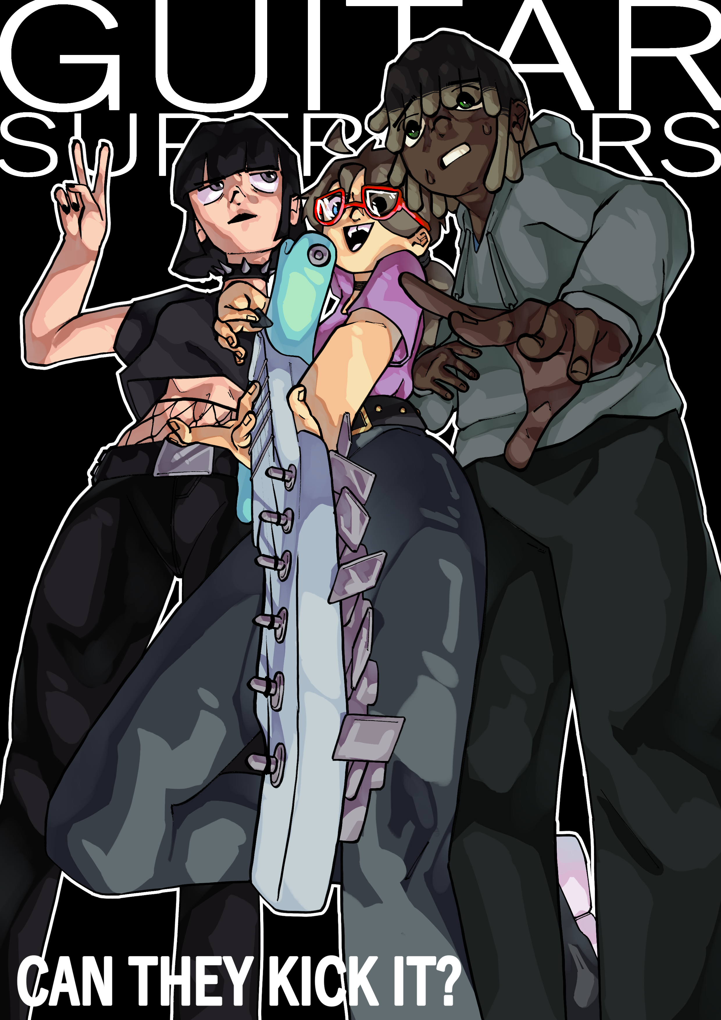 A poster featuring 'GUITAR SUPERSTARS' up top, behind the three characters of (from left to right) Mads, El and Cal. El is holding a guitar towards the camera, and the art is from an incredibly low angle. In the bottom right corner, text reading 'CAN THEY KICK IT?' is visible.