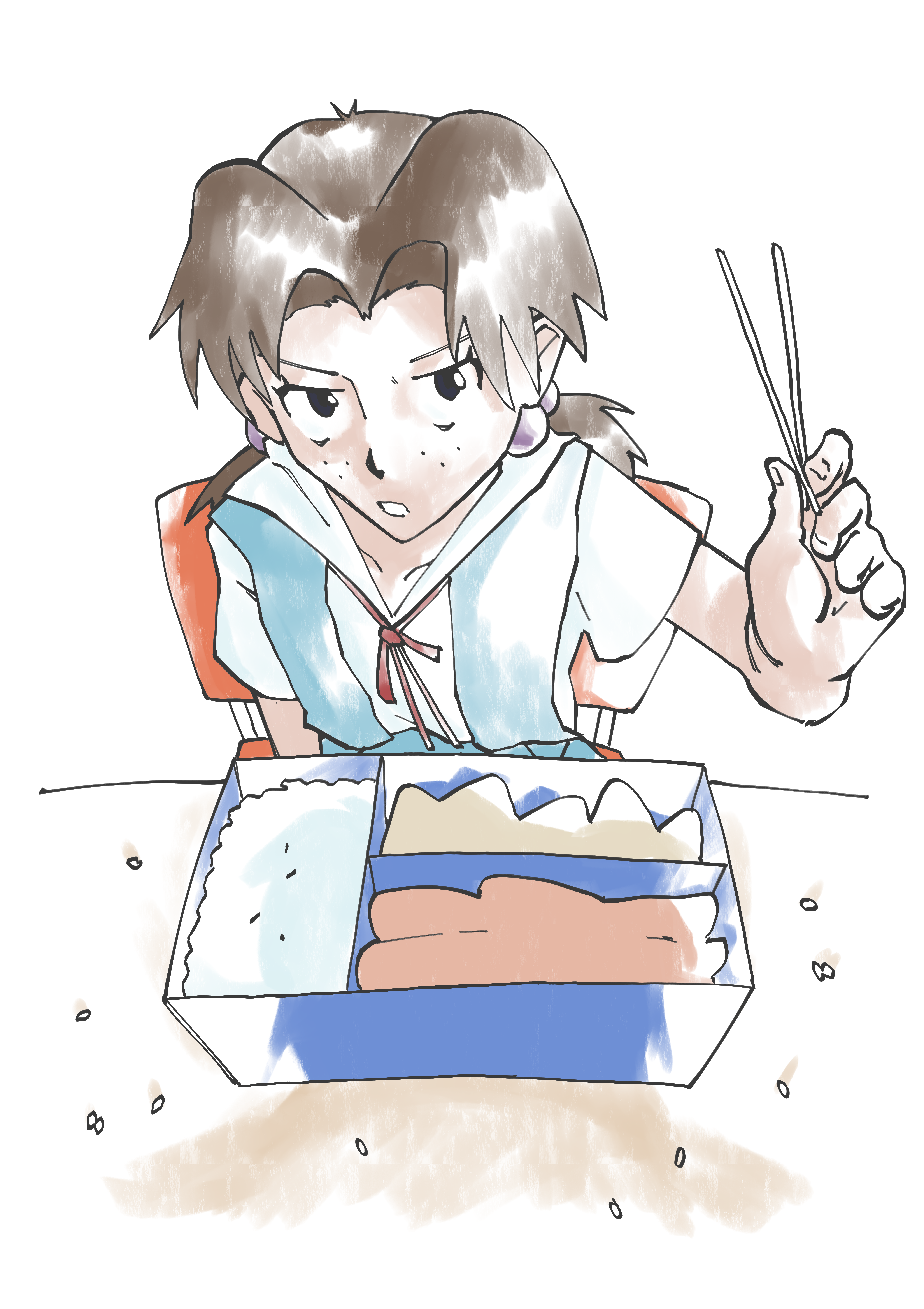 Hikari Horaki, holding chopsticks in front of her lunch box. Rice is spilled all over the table.